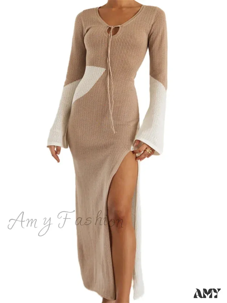 Amy Fashion - Women Knitted  Contrast Color Tie-Up V-Neck  Sleeve Side High Split Slim Fall Spring Vestido