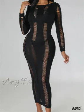 Amy Fashion - Women Knitted Spring Fall  Backless  Sleeve O-Neck Cutout Casual Party Female Vestidos Clubwear