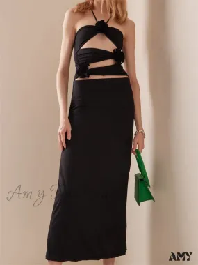 Amy Fashion - Women Sexy Halter Hollow Out  Y2K Off Shoulder Backless Slim 3D Flowers Vestidos Night Party Clubwear