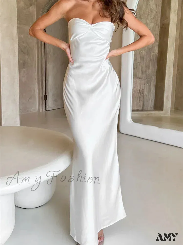 Amy Fashion - Women Sexy Sleeveless Spaghetti Strap Backless  Low Cut Strapless Tube Party Cocktail Satin Vestidos