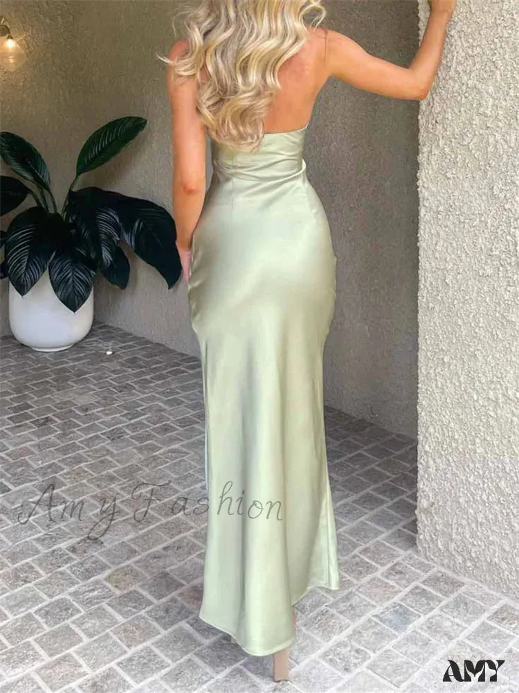 Amy Fashion - Women Sexy Sleeveless Spaghetti Strap Backless  Low Cut Strapless Tube Party Cocktail Satin Vestidos