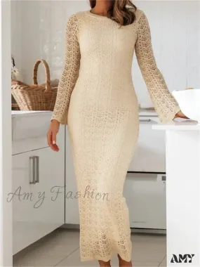 Amy Fashion - Women   Sleeve Round Neck Backless Tie-up Hollow Out Cocktail Spring Autumn Female Vestidos