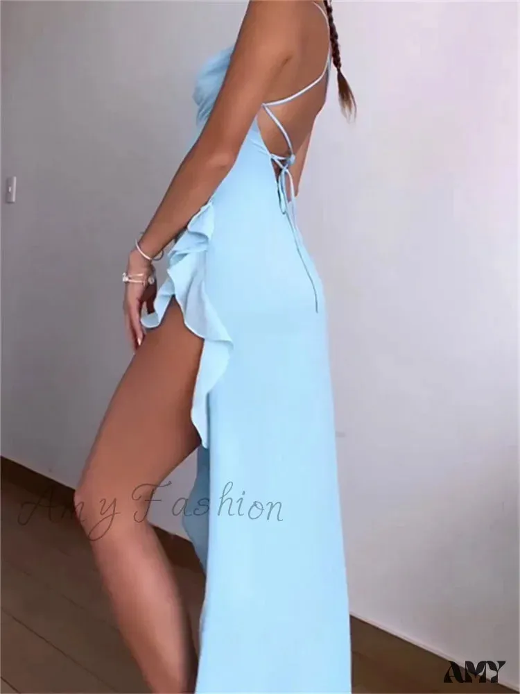 Amy Fashion - Women Summer  Sleeveless Spaghetti Strap Irregular Hem Ruffles Side High Split Party Female Vestidos