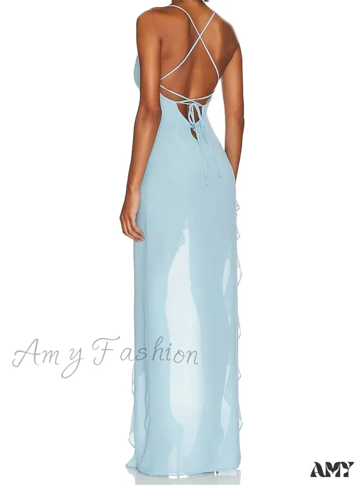 Amy Fashion - Women Summer  Sleeveless Spaghetti Strap Irregular Hem Ruffles Side High Split Party Female Vestidos