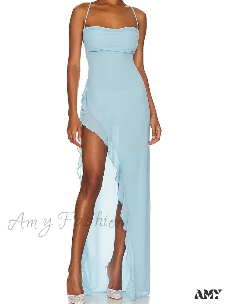 Amy Fashion - Women Summer  Sleeveless Spaghetti Strap Irregular Hem Ruffles Side High Split Party Female Vestidos