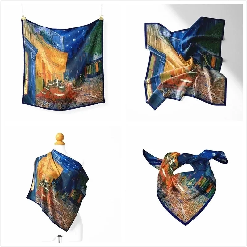 An Gogh Oil Painting Cafe Ladies Twill Small Square Scarf Small Silk Scarf