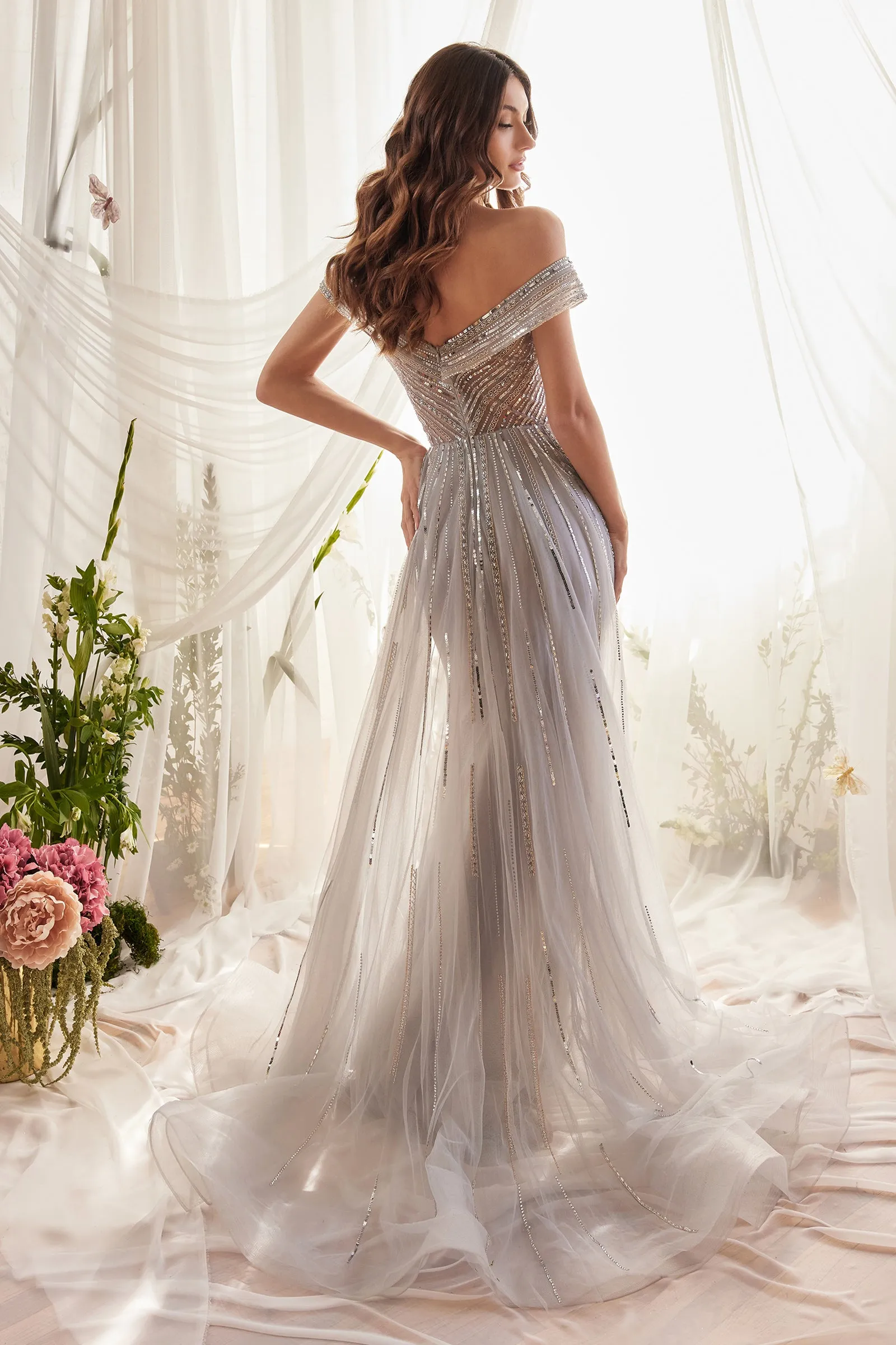 ANDREA & LEO A1182 Beaded Off Shoulder Overskirt  Mermaid Dress