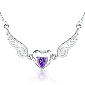 Angel Wings Necklace Pure Silver 925 Jewelry Romantic Purple Crystal Heart Necklaces For Women Sterling-Silver-Jewelry Necklace