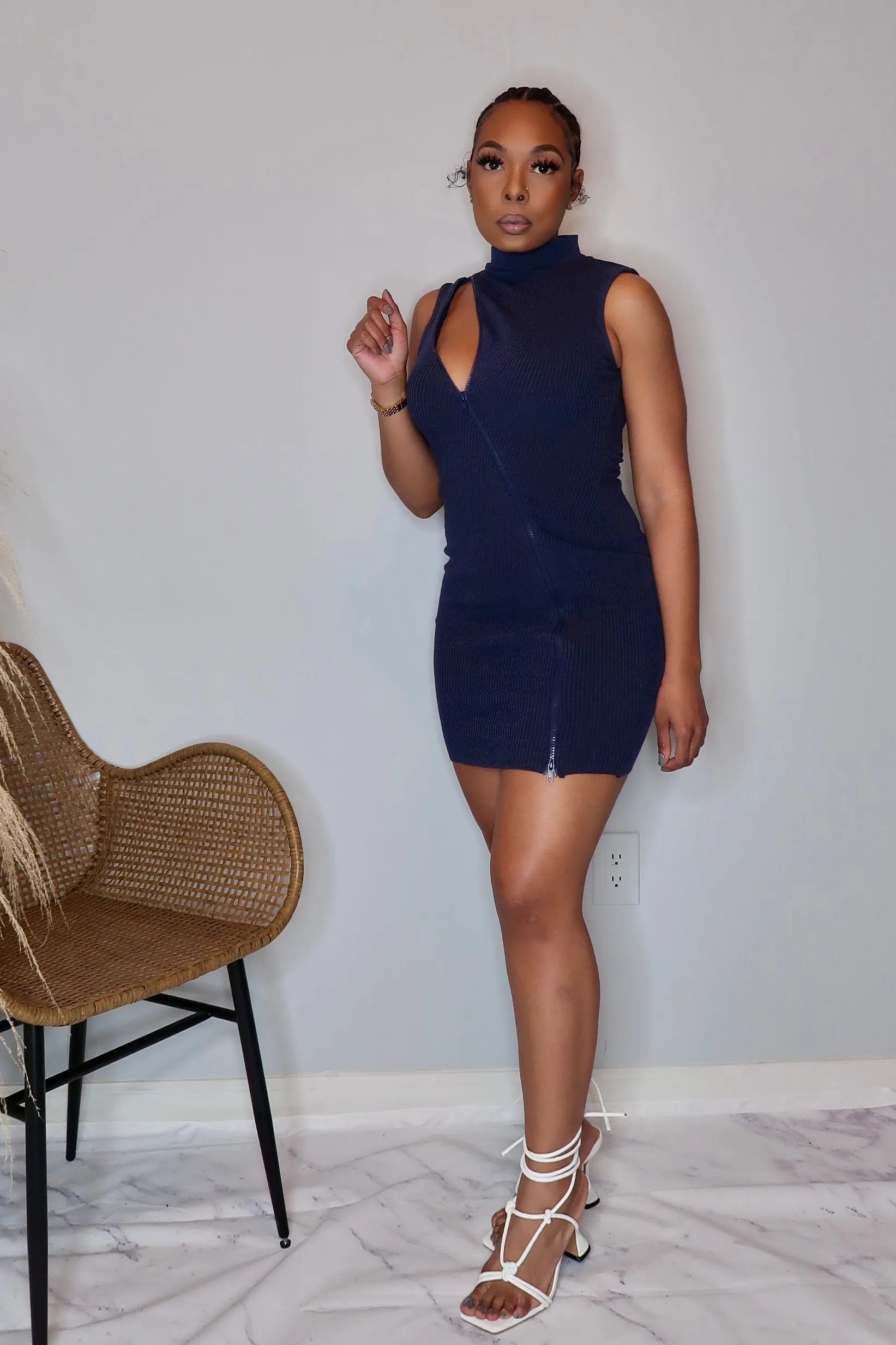 Aniya Knit Backless Mini Dress- Navy