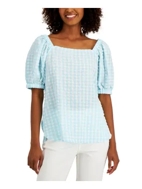 ANNE KLEIN Womens Light Blue Check Pouf Sleeve Square Neck Peasant Top