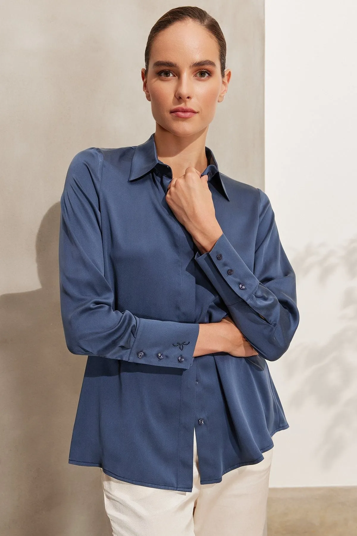 Anthracite Pure Silk Audrey Long Sleeve Women's Shirt