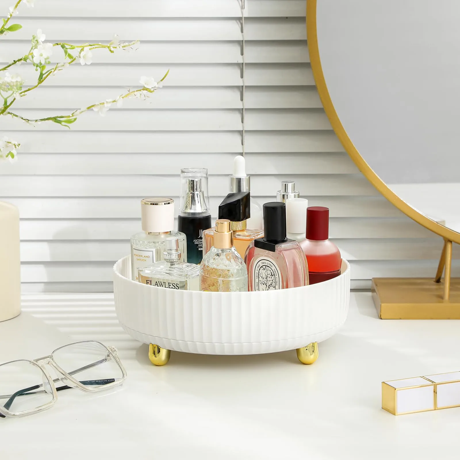 Anyoifax Makeup Perfume Organizer Tray 360 Degree Rotating Lazy Susan Skincare Lotion Organizer Spinning Cosmetics Storage for Dresser, Vanity, Bathroom Countertop, Small Ivory White