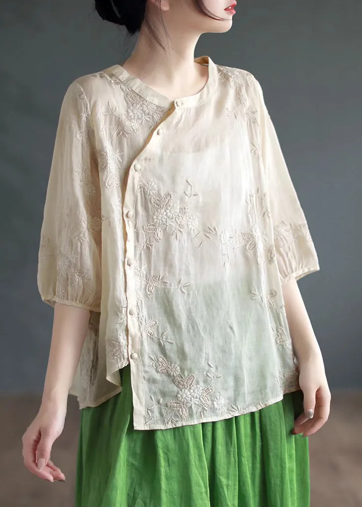 Apricot Embroideried Patchwork Linen Blouses O Neck Half Sleeve ML2337