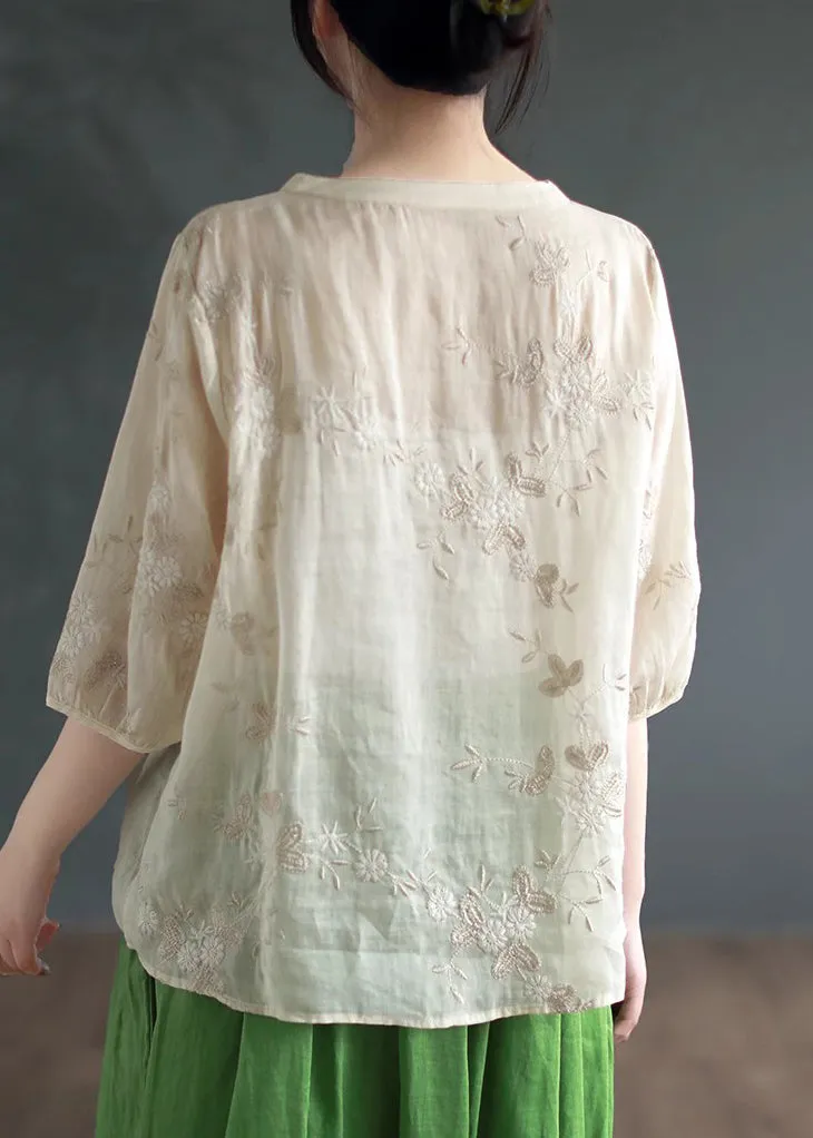 Apricot Embroideried Patchwork Linen Blouses O Neck Half Sleeve ML2337