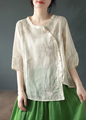 Apricot Embroideried Patchwork Linen Blouses O Neck Half Sleeve ML2337