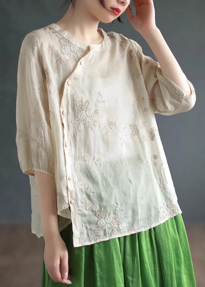 Apricot Embroideried Patchwork Linen Blouses O Neck Half Sleeve ML2337