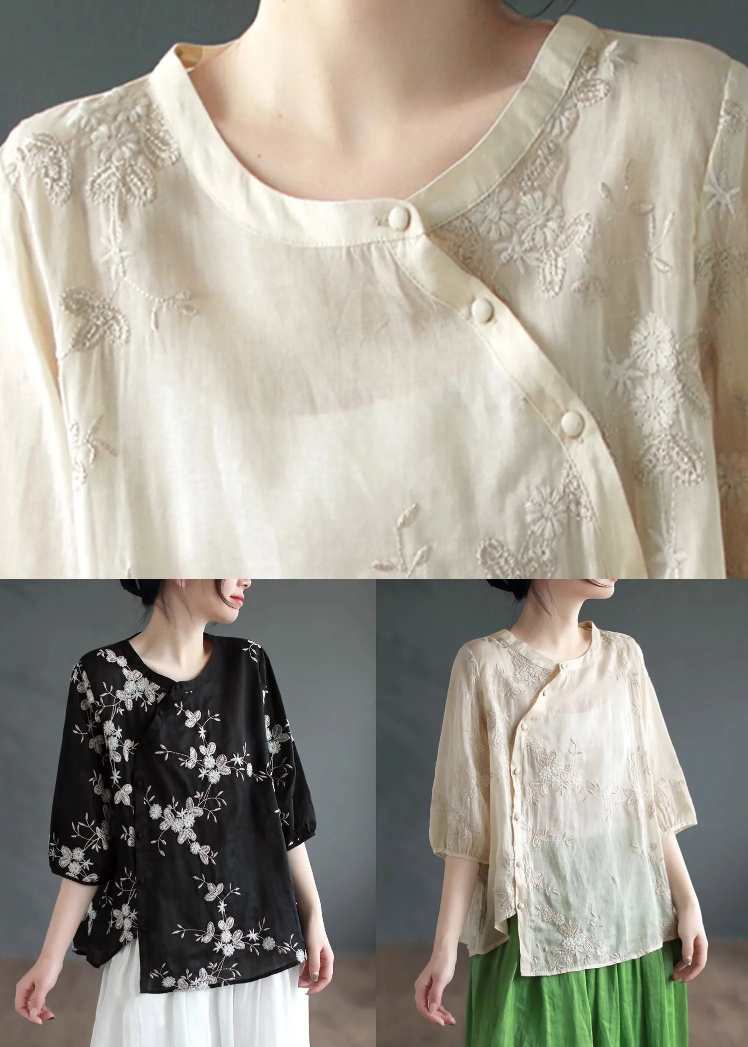 Apricot Embroideried Patchwork Linen Blouses O Neck Half Sleeve ML2337