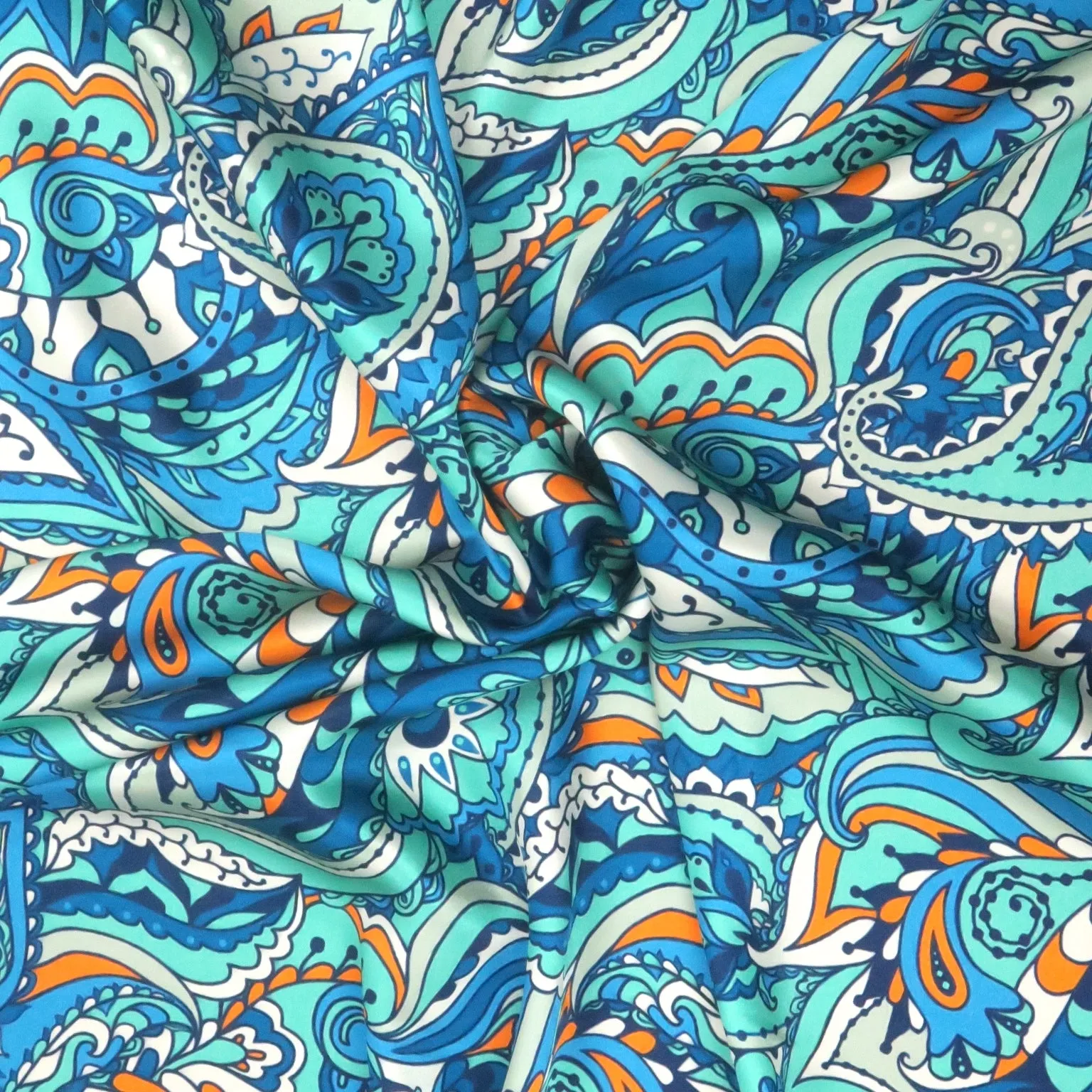 Aqua Teal and Orange Abstract Printed Silk Charmeuse Fabric