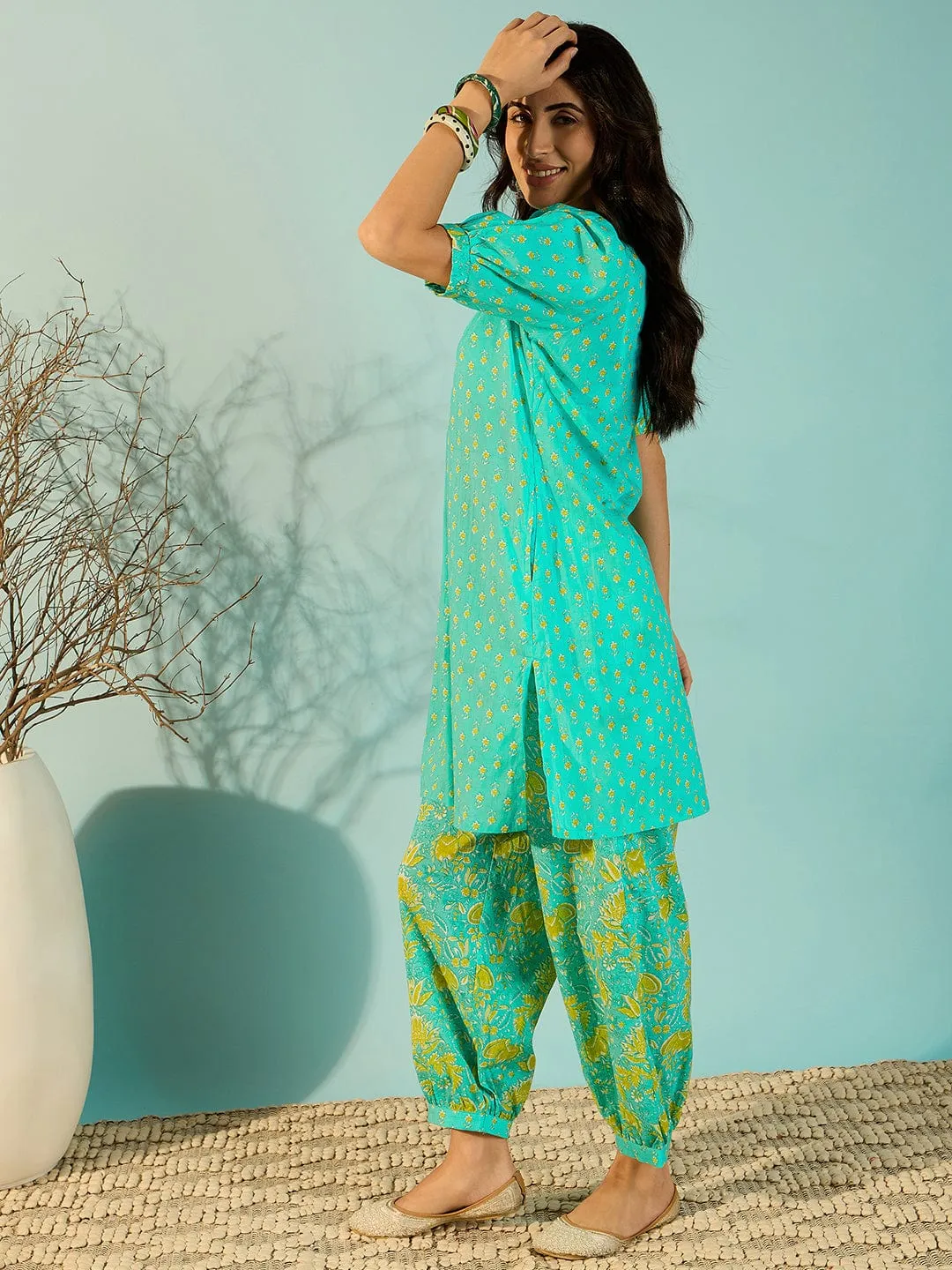 Aquamarine Patterned Cotton Co-Ord Set For Women