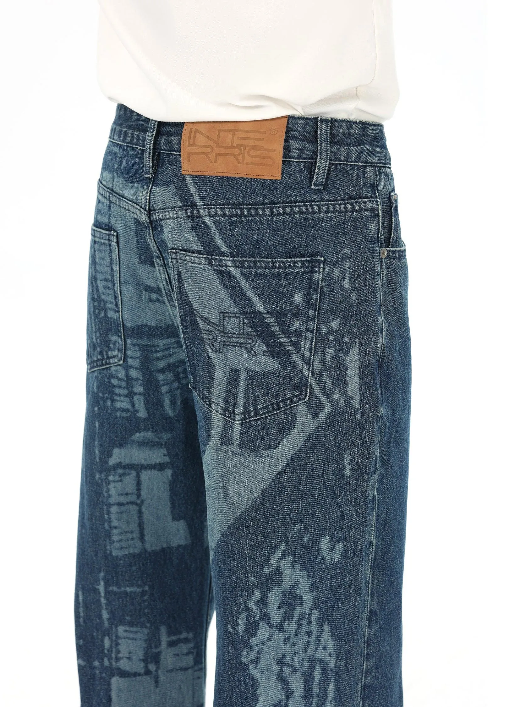 Architectural Print Flared Denim Jeans