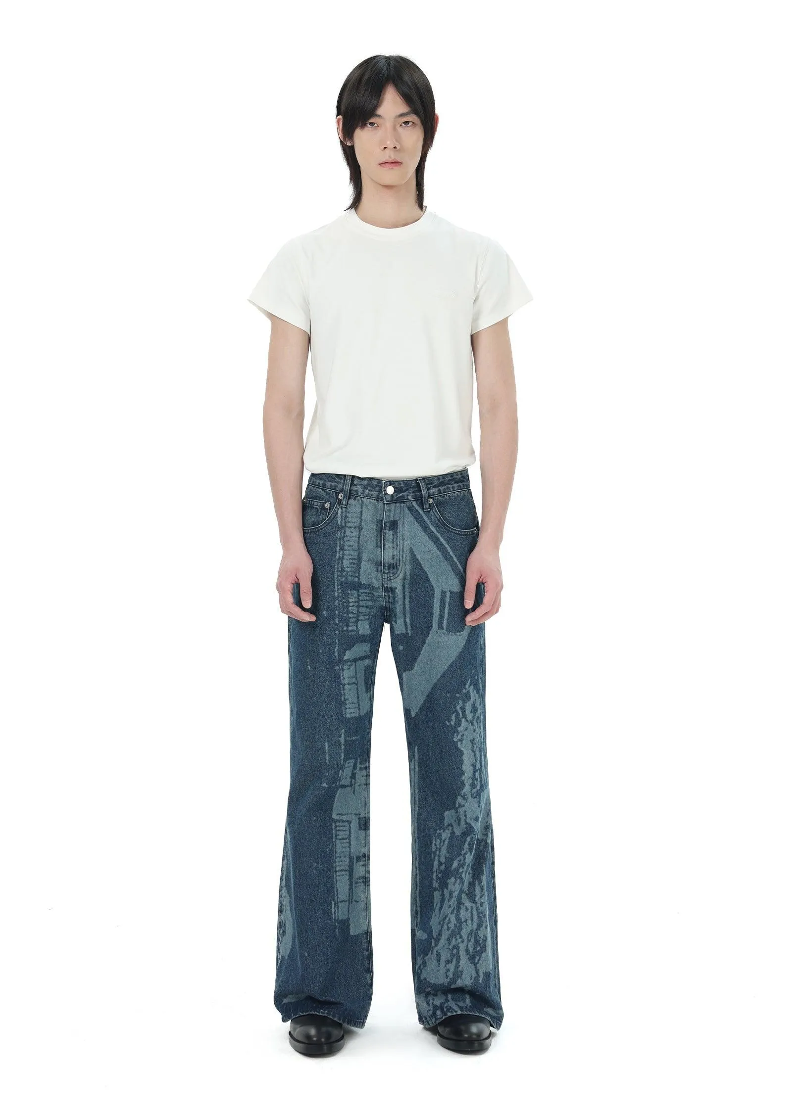 Architectural Print Flared Denim Jeans