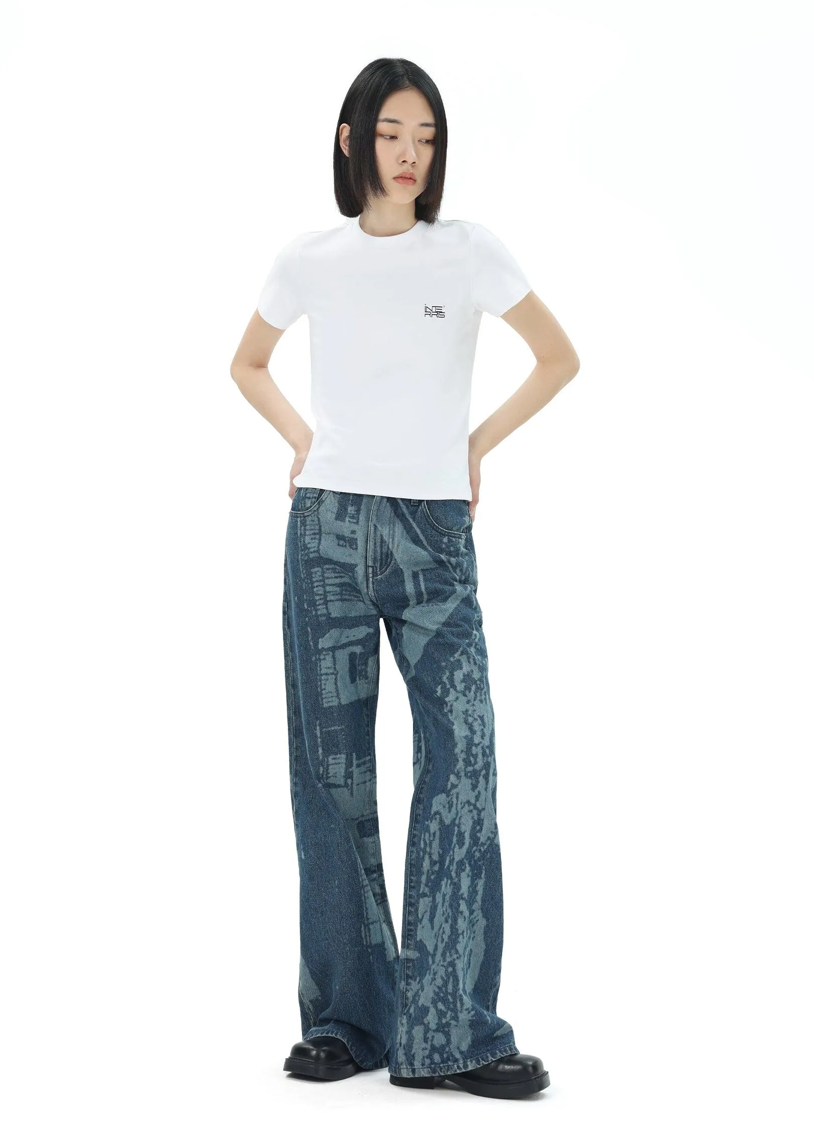 Architectural Print Flared Denim Jeans