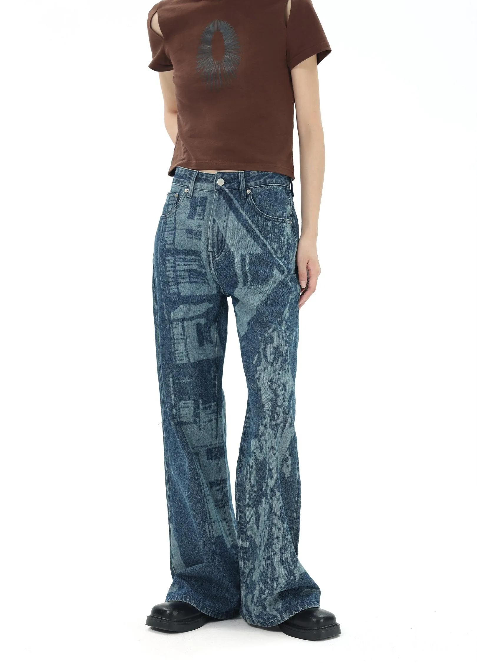 Architectural Print Flared Denim Jeans