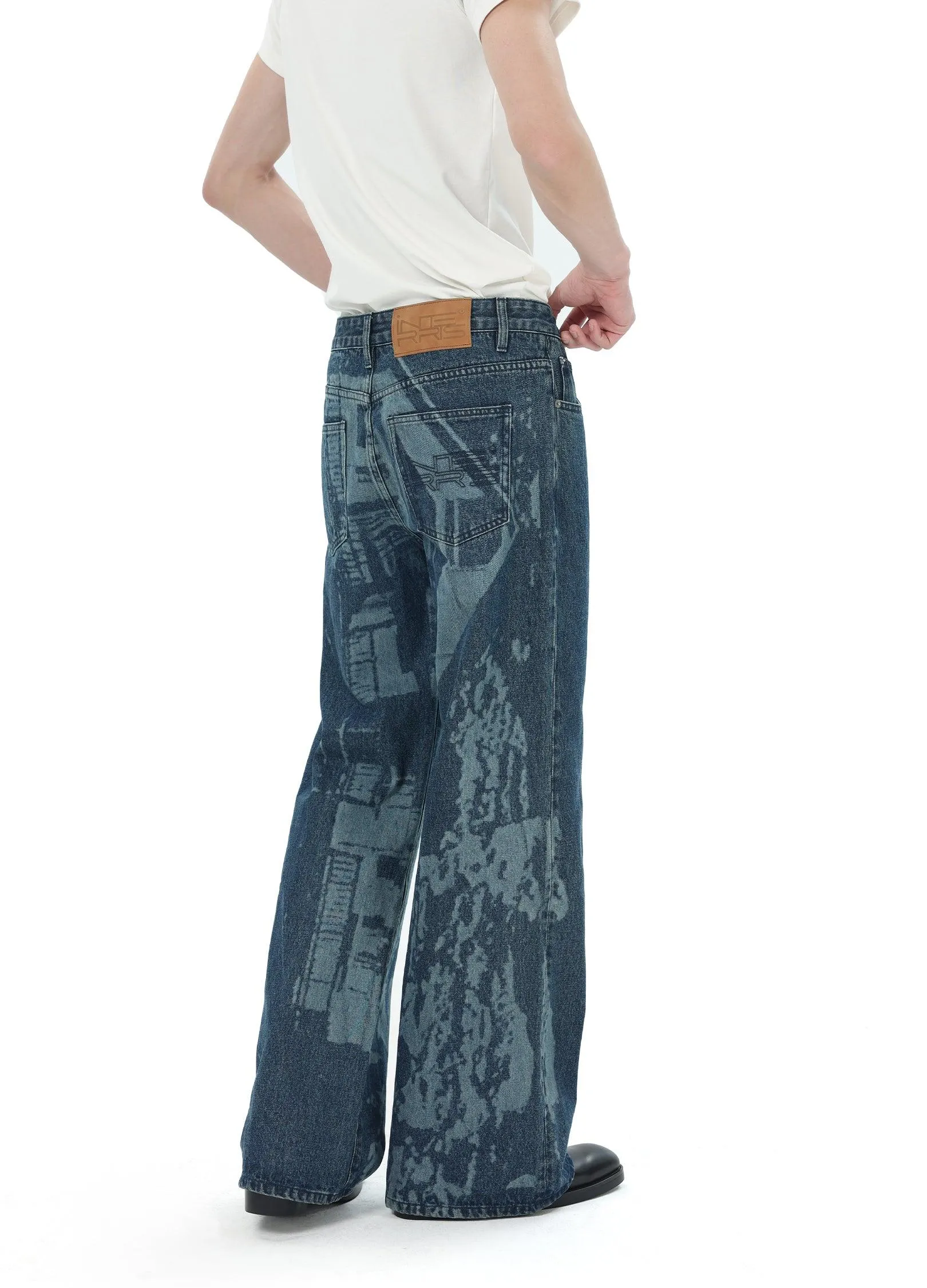 Architectural Print Flared Denim Jeans
