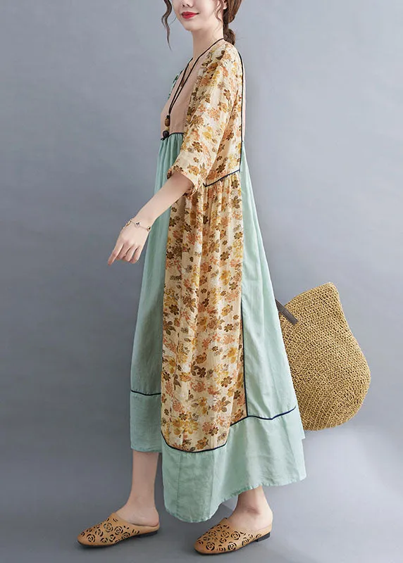 Art Green Patchwork Print Loose Fall Robe Dresses Half Sleeve