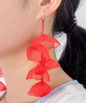 Art Red Tulle Floral Tassel Drop Earrings LY9000