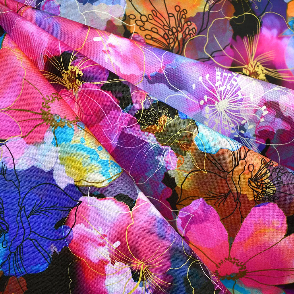 Artful Blooms Layered Watercolor Floral Digital Print Cotton Black/Multi