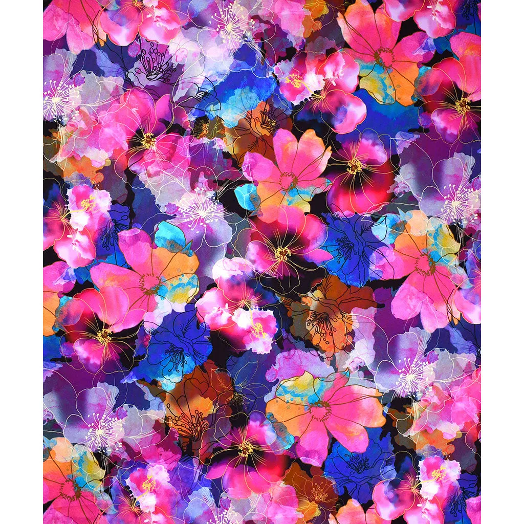 Artful Blooms Layered Watercolor Floral Digital Print Cotton Black/Multi