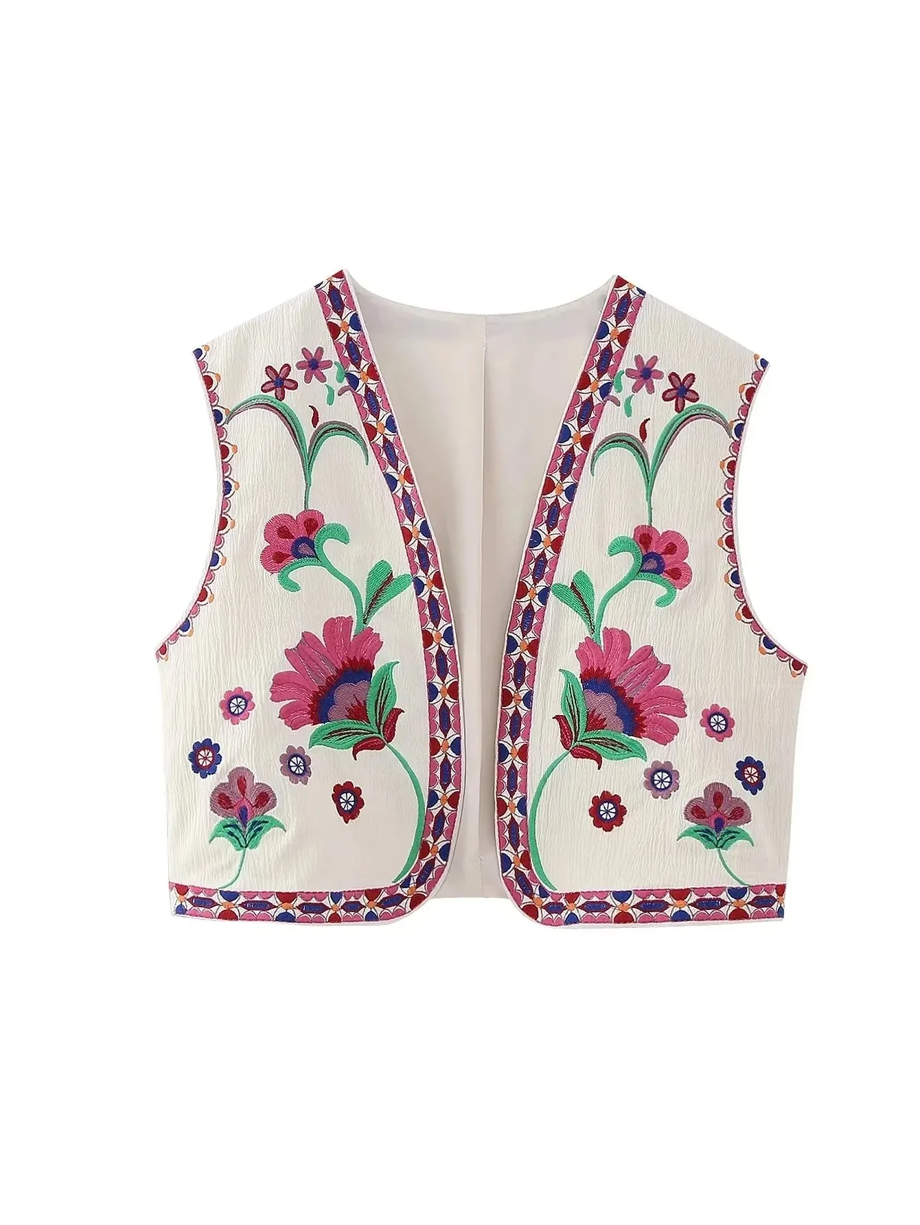 Artisanal Embroidered Cropped Waistcoat - Women Vintage Vest