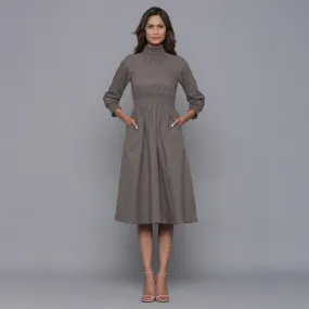 Ash Grey Warm Cotton Flannel High Neck Midi Dress