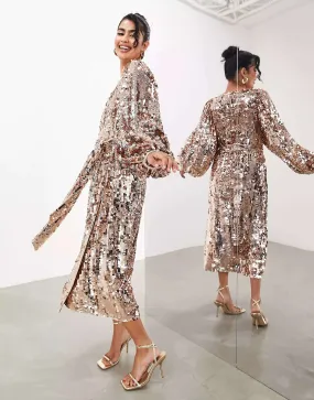 ASOS Gold Batwing Sleeve Sequin Midi Dress
