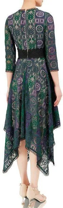 Asymmetrical Lace and Macrame Dress, Green