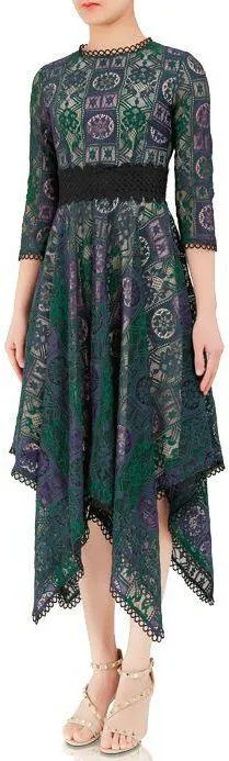 Asymmetrical Lace and Macrame Dress, Green