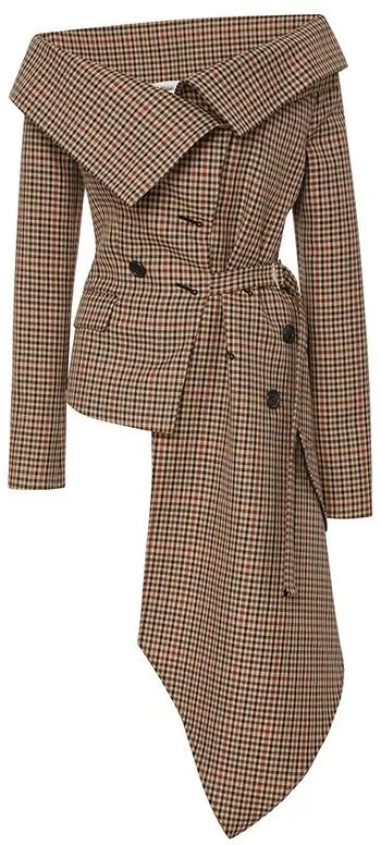 Asymmetrical Off-the-Shoulder Plaid Blazer Jacket