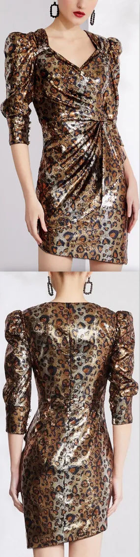 Asymmetrical Sequin-Embellished Leopard Mini Dress