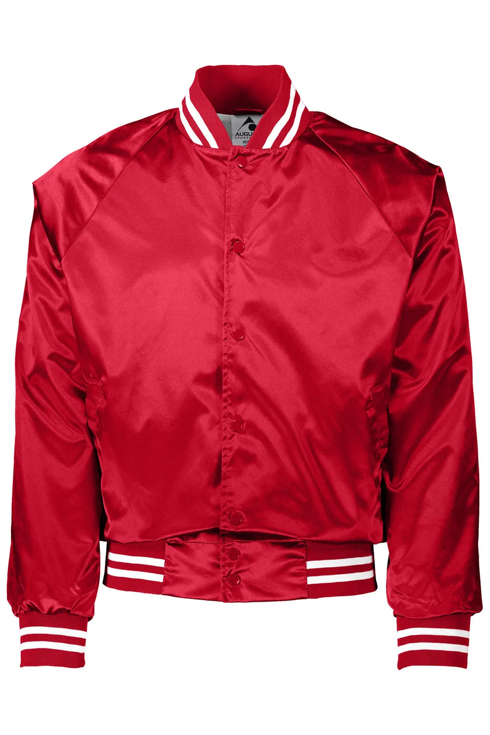 Augusta Sportswear Mens Water Resistant Snap Front Satin Baseball Jacket w/ Striped Trim - Red/White