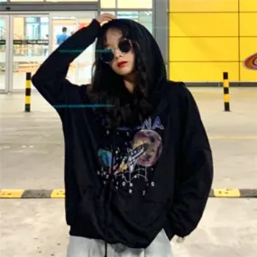 Autumn and Winter Cotton Nostalgia Old Planet Printed Harajuku Spaceship Arizona Space Print Black Hooded Sweatshirt Hoodie