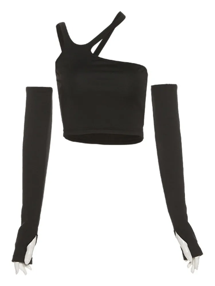 Autumn Casual Slim Solid Removable Sleeves Halter T Shirt For