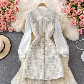 Autumn Elegant Bow Knot Shirt Plaid Suspender Dress Two Piece Set 1387