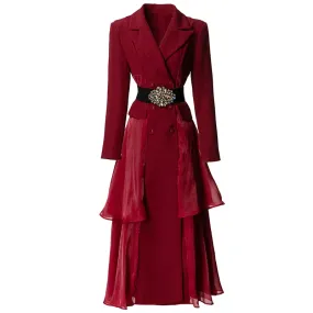 Azalea Notched Long Sleeve Single Breasted Diamonds Sashes Solid Color Office Lady Outerwear