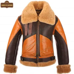 B016 Two Tone RAF Bomber Brown Real Sheepskin Shearling Men's Jacket