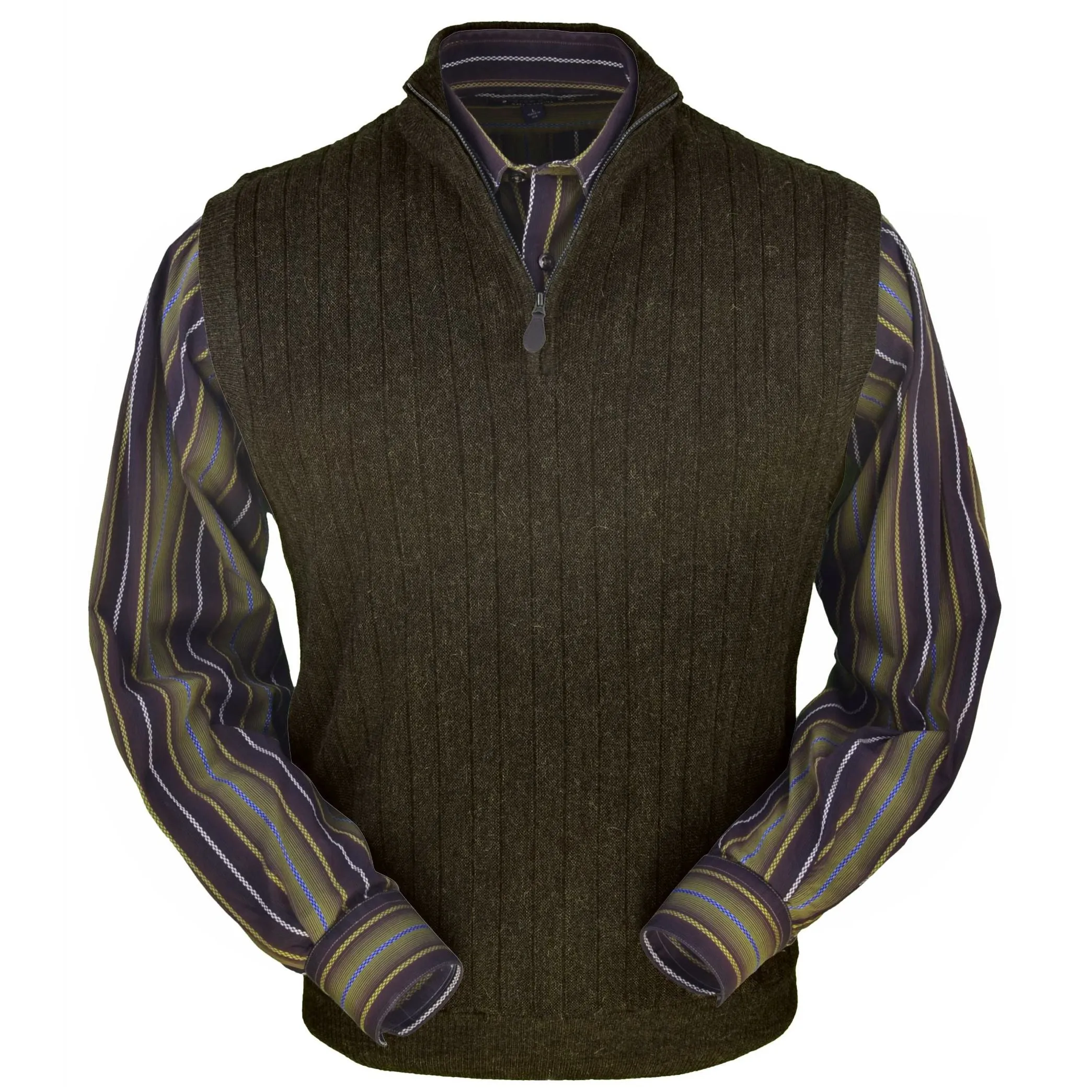 Baby Alpaca 'Links Stitch' Ribbed Zip-Neck Sweater Vest in Pine Heather by Peru Unlimited