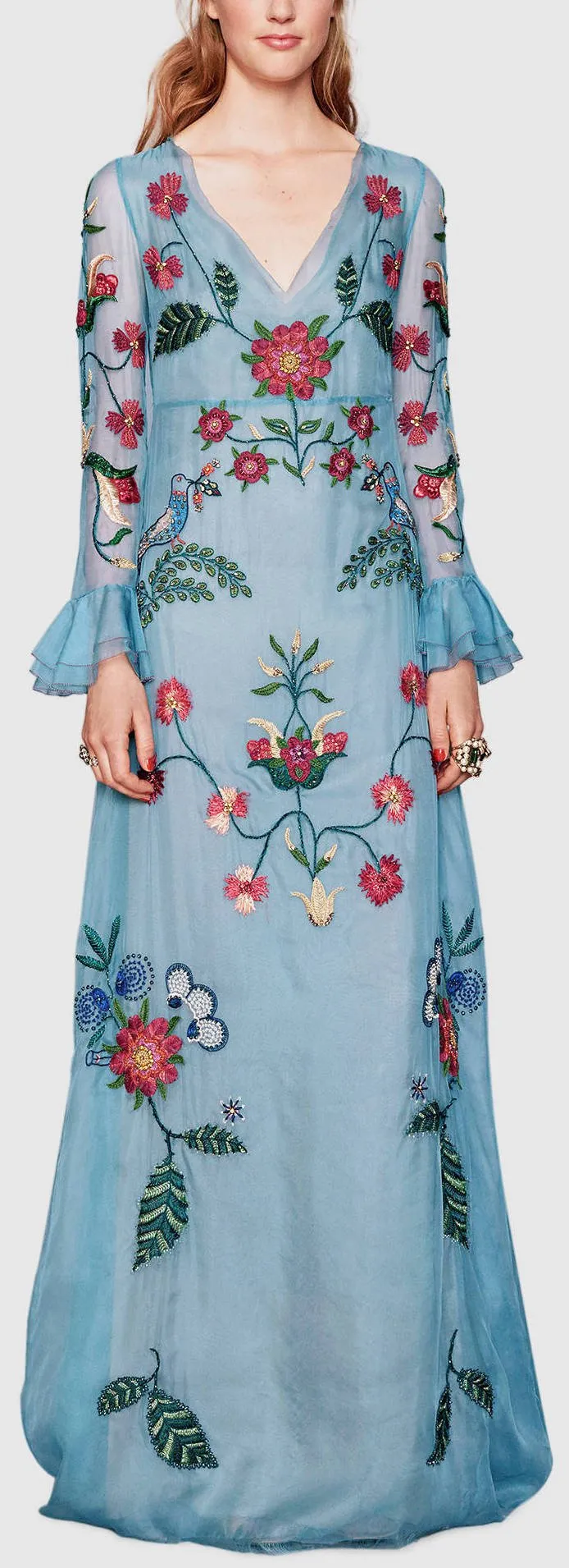 Baby Blue Floral Embroidered Long Silk Organza Dress