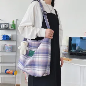 Back to College Casual Plaid Shoulder Bag Women's Large Capacity Totes Ladies Cute Trendy Bucket Handbag Shopper Big Purses for Girls Schoolbags