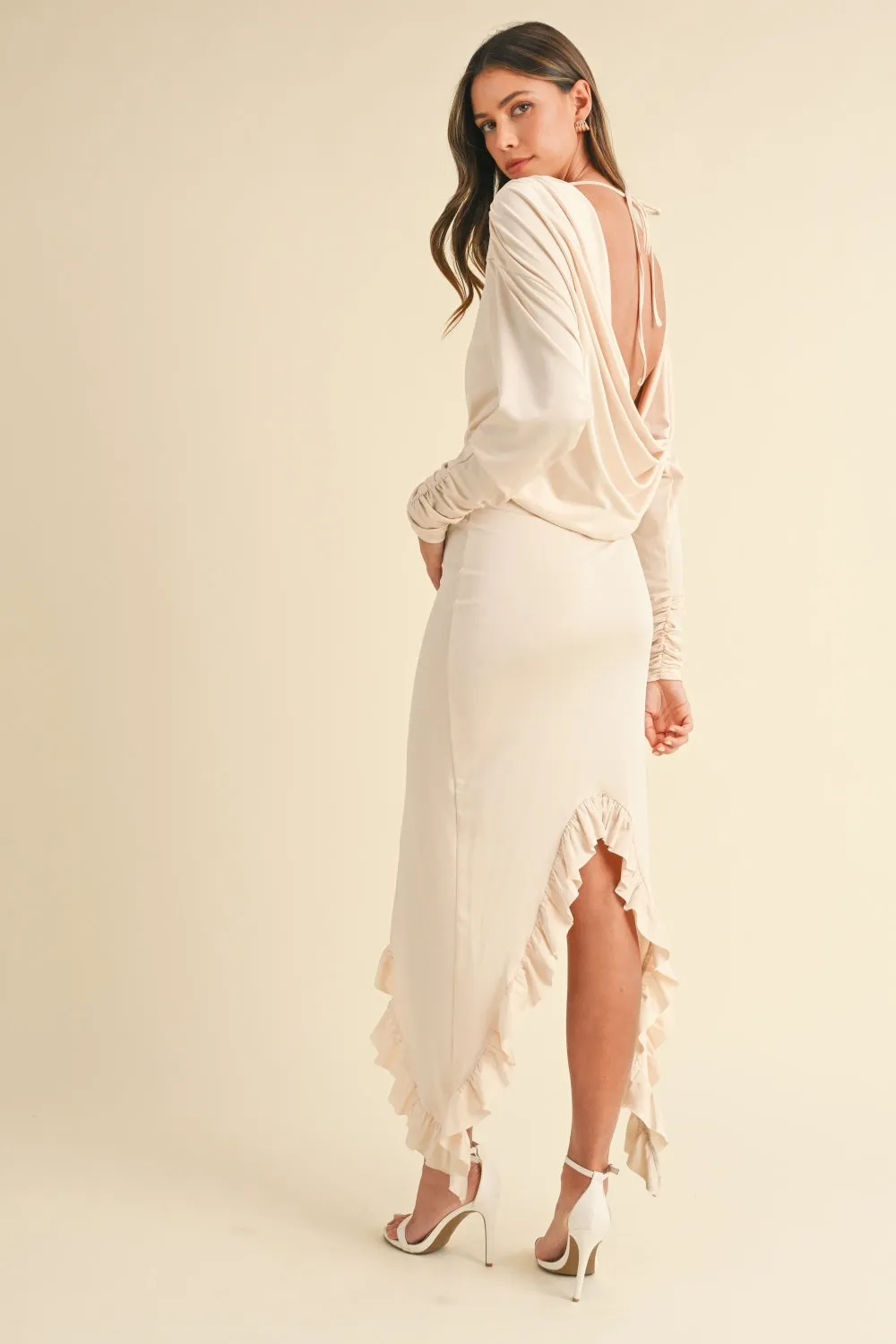 Backless Asymmetric Ruffle Hem Dress Cream