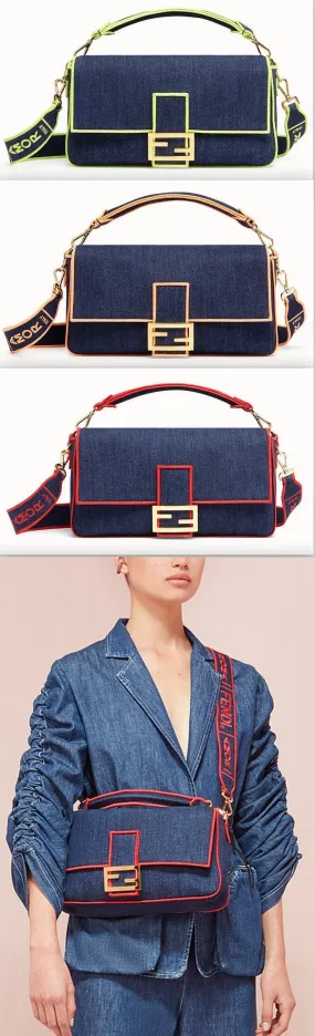Baguette Large Blue Denim Bag - Fluorescent Yellow, Neon Orange, Red